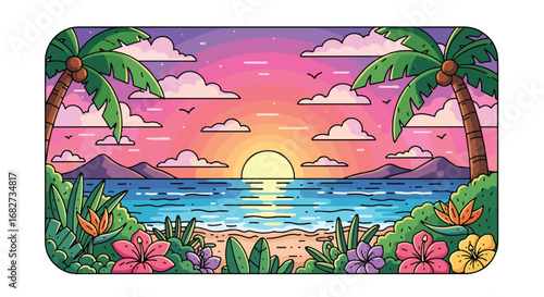 Adobe Illustrator artwork flat style illustration of tropical beach sunset with palm trees, ocean waves, hibiscus flowers, and mountains, ideal for vacation themes, travel posters, and summer designs