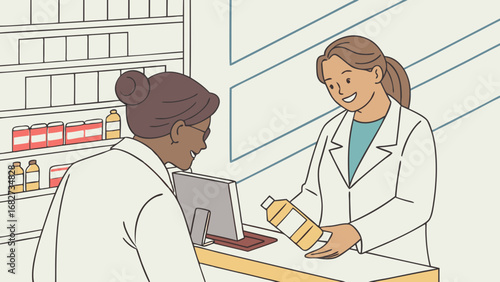 Professional Pharmacist Assisting Patient with Medication at Pharmacy Counter, Healthcare Consultation Service