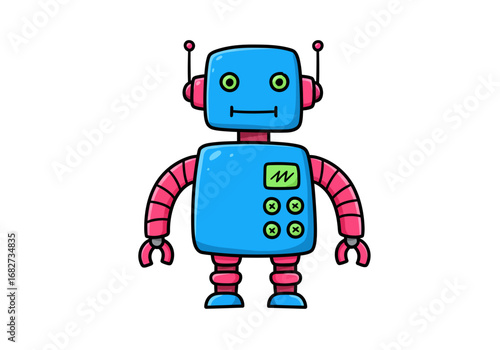 A blue robot with green eyes pink arms and a boxy design stands on a white background