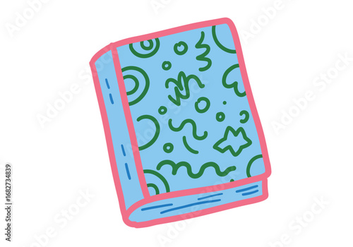 A blue book with a pink border adorned with green geometric shapes