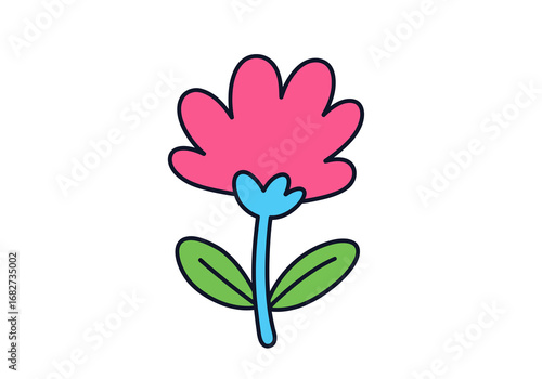 A cartoon flower with pink petals blue center green leaves and a blue stem against a white background
