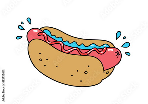 A cartoon hotdog in a bun topped with red and blue condiments with a few water droplets surrounding it