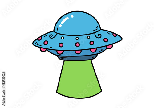 A cartoon of a blue UFO with pink details emitting a green light beam