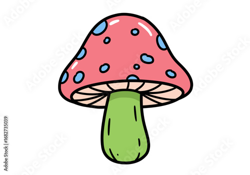 A cartoon mushroom with a pink cap and green stem