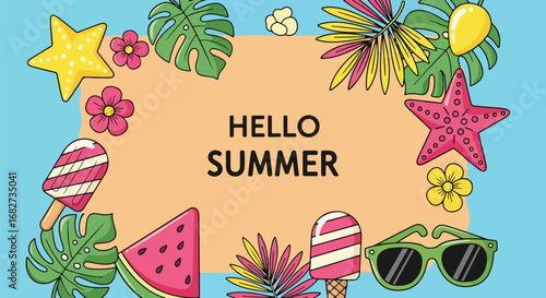 Adobe Illustrator artwork flat style illustration of tropical summer background with watermelon, ice cream, sunglasses, flowers, palm leaves, and starfish surrounding Hello Summer text for seasonal