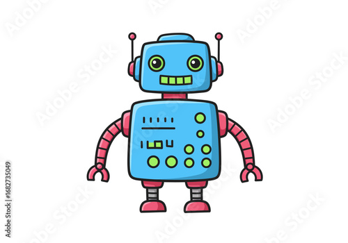 A cartoon robot with a blue head body pink arms and legs green eyes and mouth