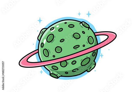 A cartoon planet with green cratered surface and a pink ring around it