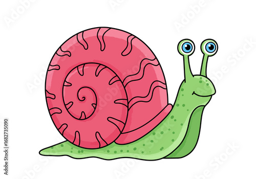 A cartoon snail with a pink shell and green body