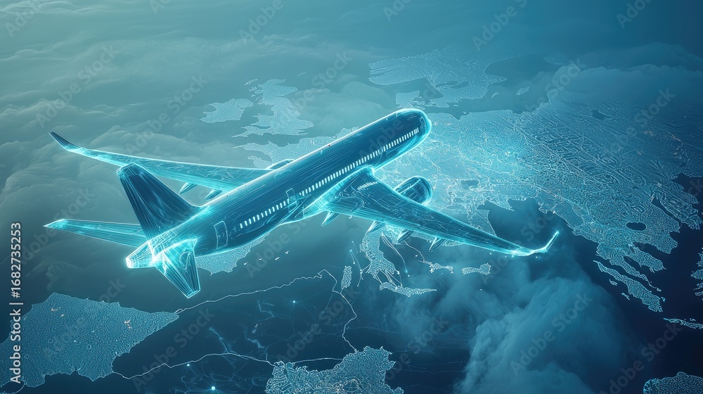 Fototapeta premium A futuristic airplane flying over a map of Europe with glowing blue lights.
