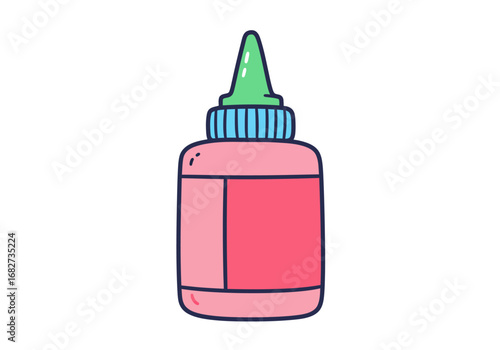A cartoonstyle pink bottle with a green nozzle a blue ribbed cap and a red label