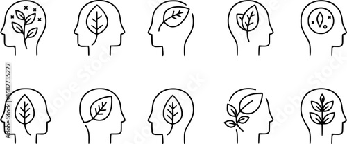 Vector thin line icon outline linear stroke illustration of human head with a leaf. Think green, sustainable lifestyle and environmentaly friendly
