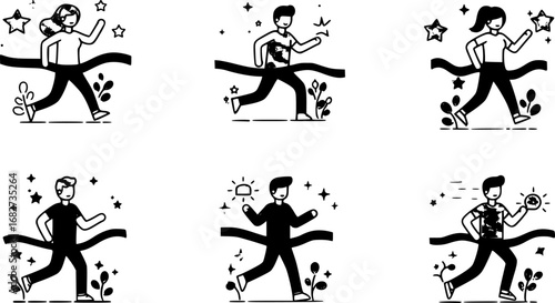 Character crossing the finish line. Vector trendy thin line icon illustration design for sports, business and personal development concepts related with winning, success. 3 different styles