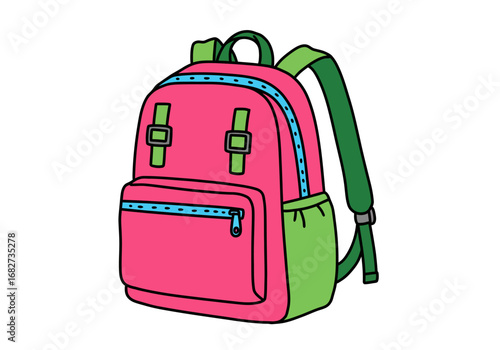 A colorful backpack with pink body green strapspocket and blue accents