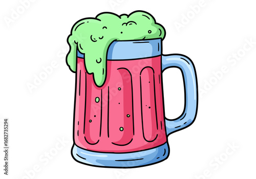 A colorful cartoon beer mug overflows with green foamy liquid