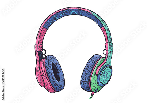 A colorful headphone is depicted with detailed designs against a plain white background
