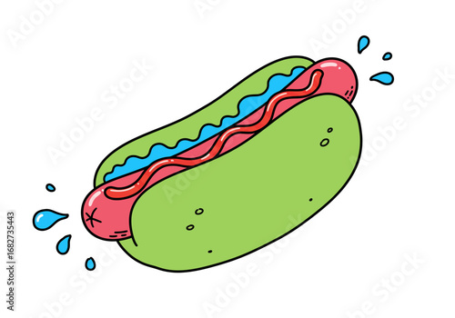 A green hotdog with a pink sausage red sauce blue relish and water droplets on a white background