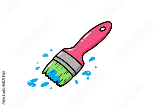 A paint brush with a pink handle and green bristles splattered with blue paint