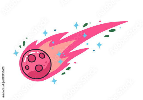 A pink cartoon comet streaks across the white background