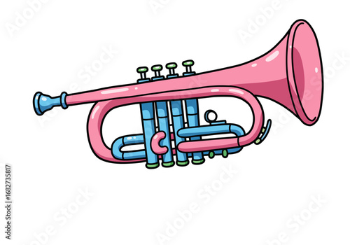 A pink trumpet with blue accents stands against a white backdrop