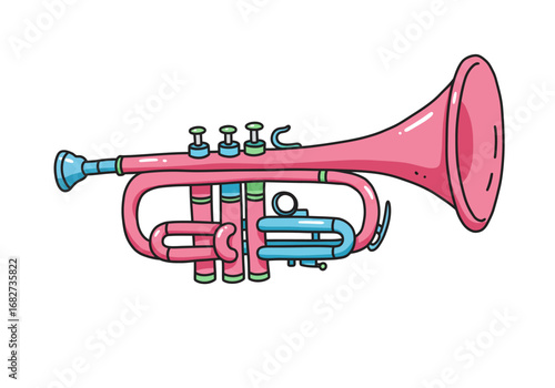 A pink trumpet with blue  green accents against a white background