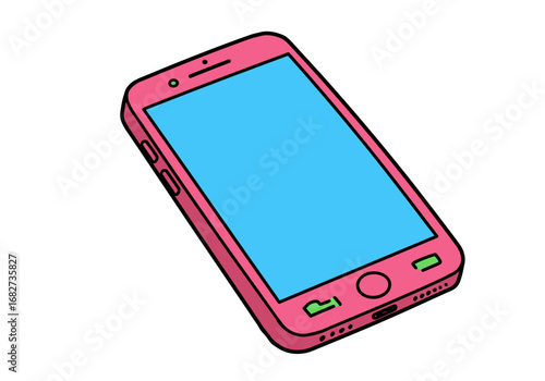 A pink smartphone with a blue screen featuring buttons a camera and a speaker