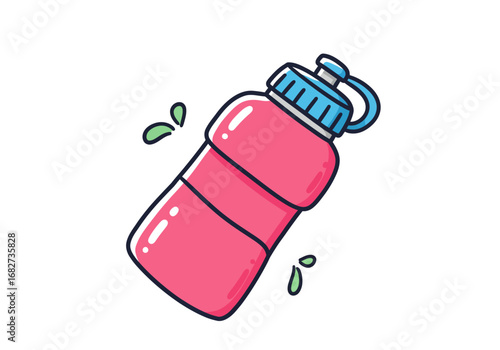 A pink water bottle with a blue cap is shown diagonally with two green water droplets nearby