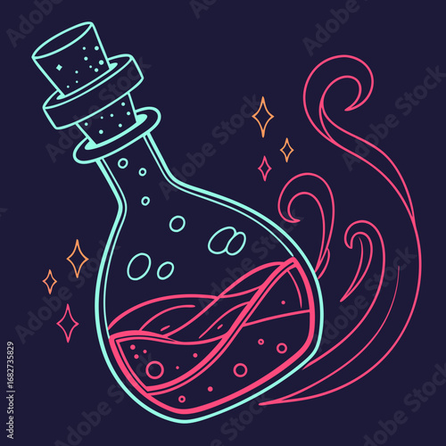 A glowing neon line art illustration of a tilted magic potion bottle with pink elixir.