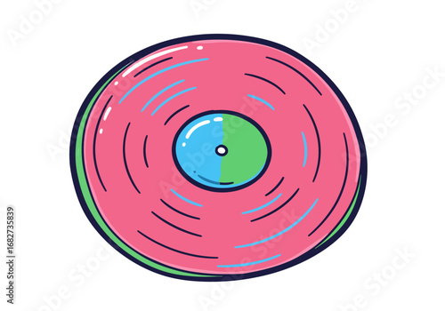 A pink vinyl record with blue  green accents black lines and a bright highlight