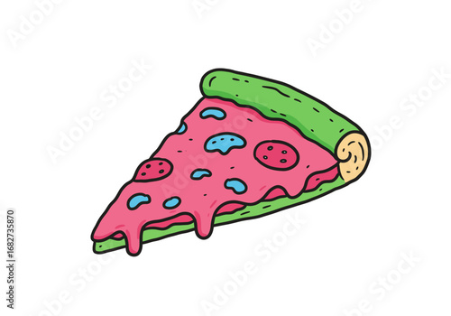 A pizza slice featuring a green crust pink cheese blue toppings and pepperoni