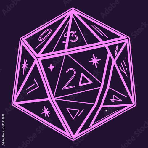 A glowing pink D20 polyhedral die illustration with stylized numbers and magical fantasy symbols.