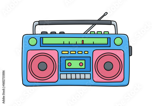A retro boombox with a handle antenna speakers buttons and tuning dial