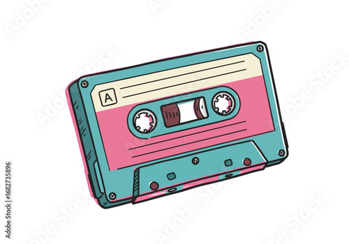 A retro cassette tape with light blue trim pink center and an A label