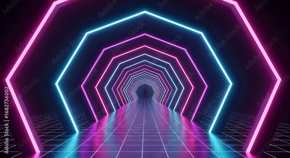 Fototapeta premium Neon Hexagon Tunnel with Abstract Background.