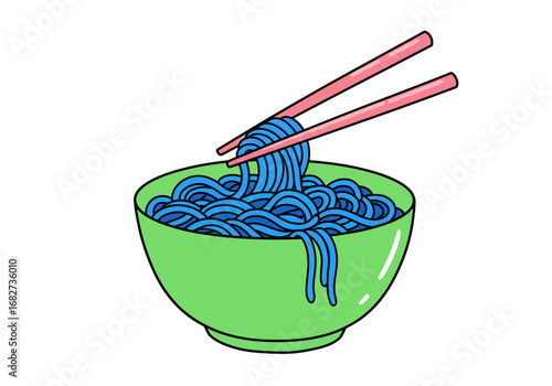 A vibrant green bowl overflows with blue noodles being lifted by pink chopsticks