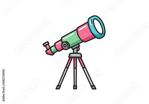 A whimsical colorful telescope mounted on a tripod stands against a clean white background