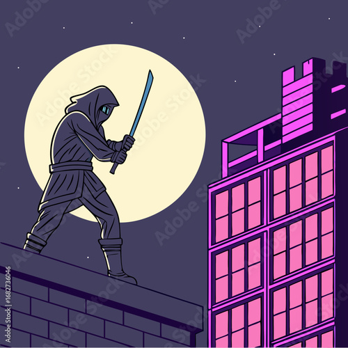 A mysterious hooded ninja in a dark suit wielding a sharp blue katana sword.