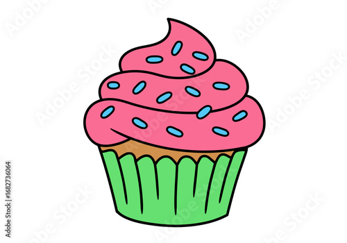 A vibrant cartoon cupcake with pink frosting blue sprinkles and a green wrapper