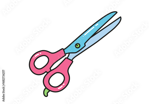 Bluebladed scissors with pink handles Open blades point towards the upper right
