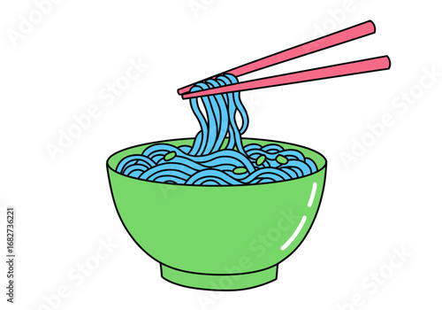 Bowl of blue noodles with green specks being lifted by pink chopsticks line art