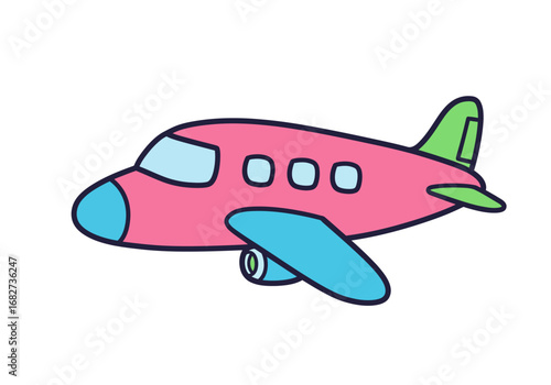 Cartoon airplane pink body blue nose wings tail green stabilizer outlined in blue on a white background