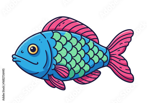 Cartoon fish blue scales pink fins with black outlines on a white background