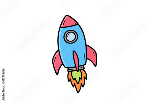 Cartoon rocket with red blue and yellow flame is taking off