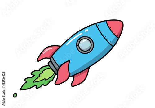 Cartoon rocket ship with red fins blue body and green flame set against a white background