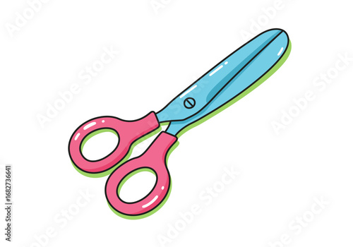 Cartoon scissors lightblue blades pink handles green outline