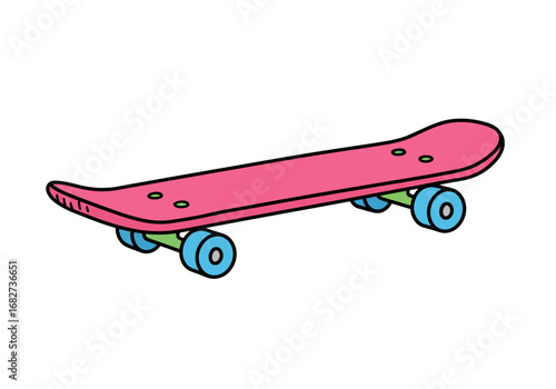 Cartoon skateboard pink deck light blue wheels green supports black outlines on a white background