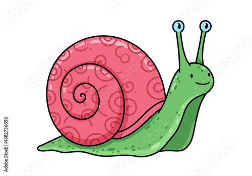 Cartoon snail pink shell with spiral green body black outline  blue eyes
