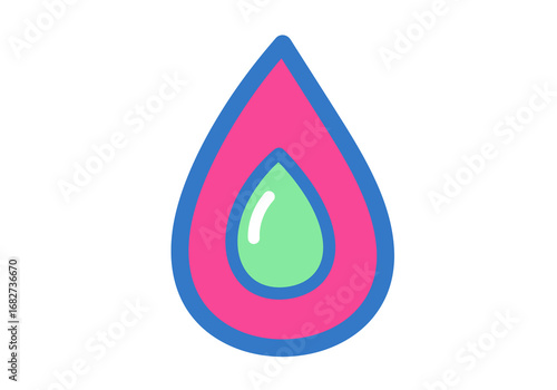 Cartoon teardrop with blue outline pink fill and a green teardrop inside with a white highlight