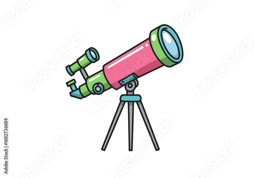 Cartoon telescope pink tube green accents blue tripod simple design