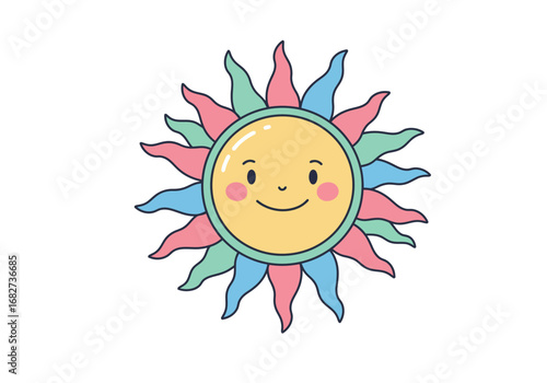 Cartoon sun with smile pastel pink cheeks surrounded by alternating pastel rays