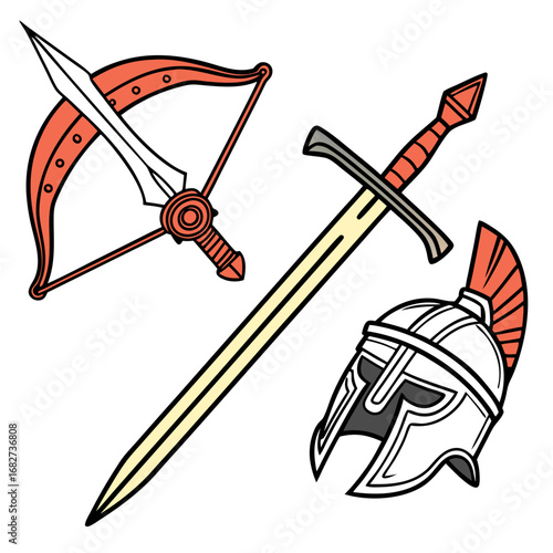 Ancient Roman Warrior Gear Crested Helmet Longsword and Crossbow Illustration.